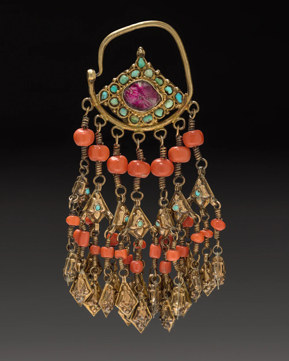 Antique gold earring with coral and turquoise